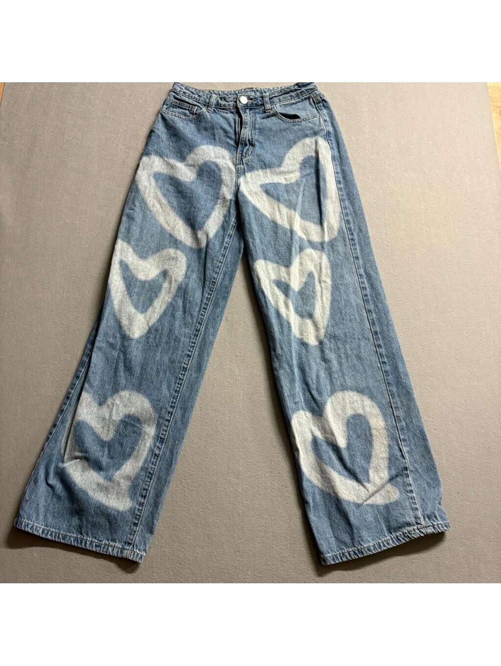 Shein Heart Print Wide Leg Jeans Womens US 4 Blue Denim High Rise Y2K